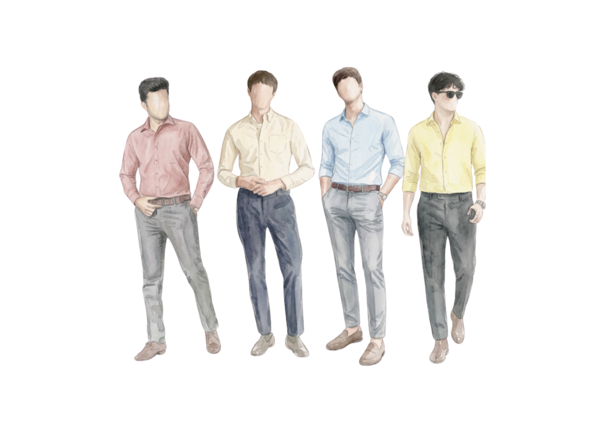 Watercolor illustration of guest shirts in dusty rose, butter, sand and blue